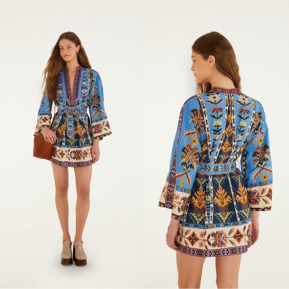 FARM Rio Dresses & Skirts - Farm Rio Embroidered Tapestry Organic Cotton Blue Boho Mini Dress with Belt